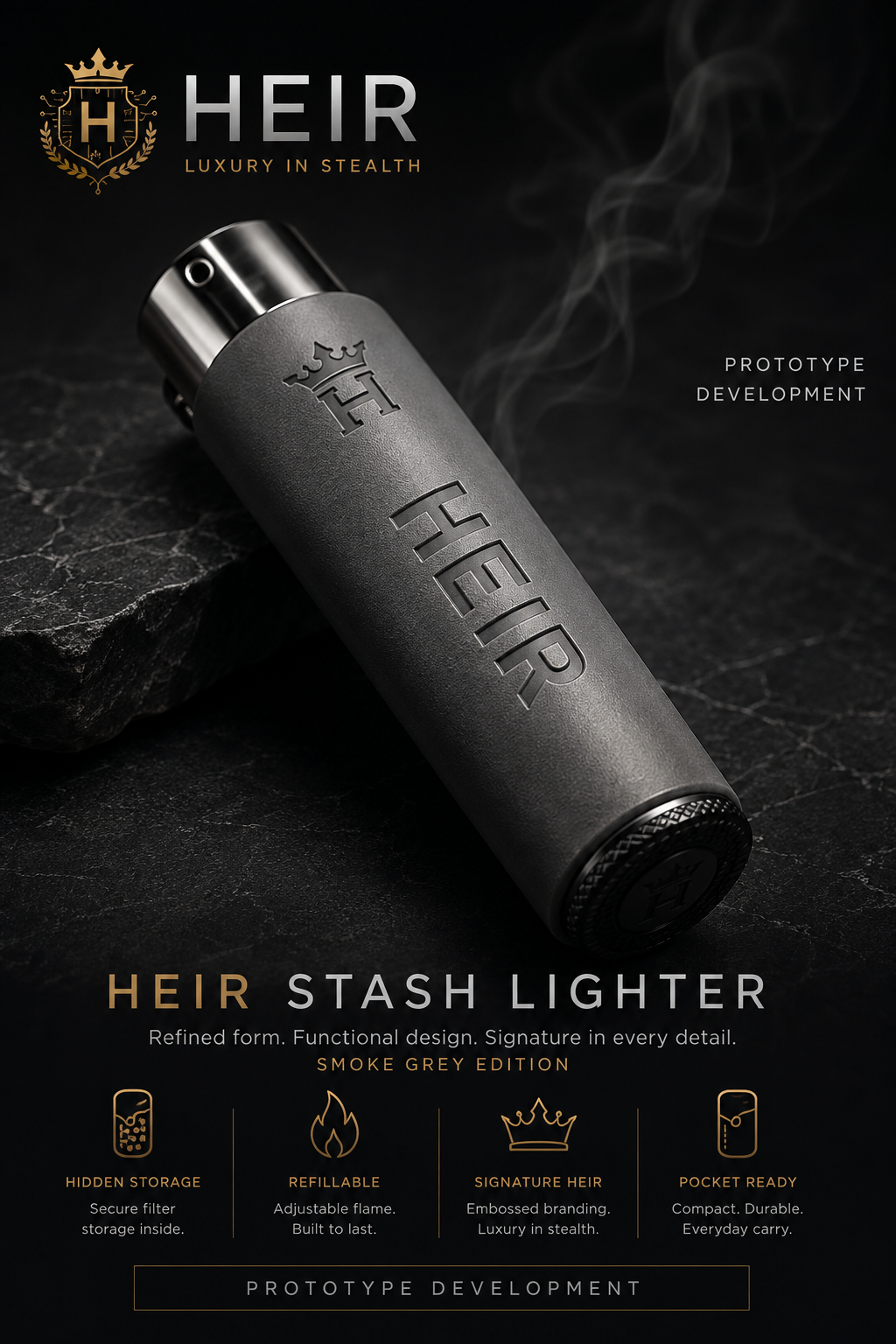 HEIR Smoke Grey Stash Lighter prototype development concept.